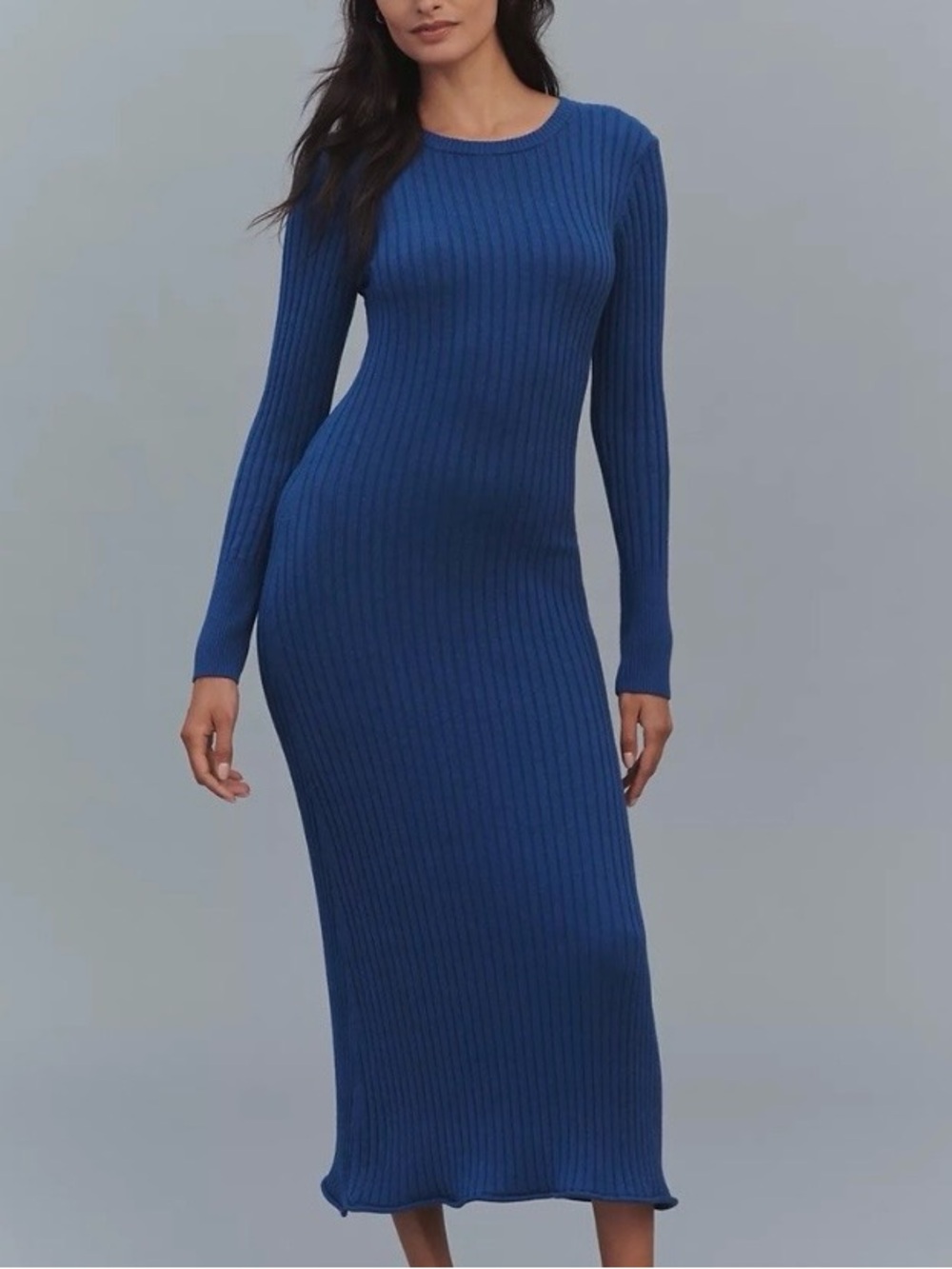 Anthropologie Blue Rib Knit Stretch Long Sleeve Midi Sweater Dress NWT Size XL